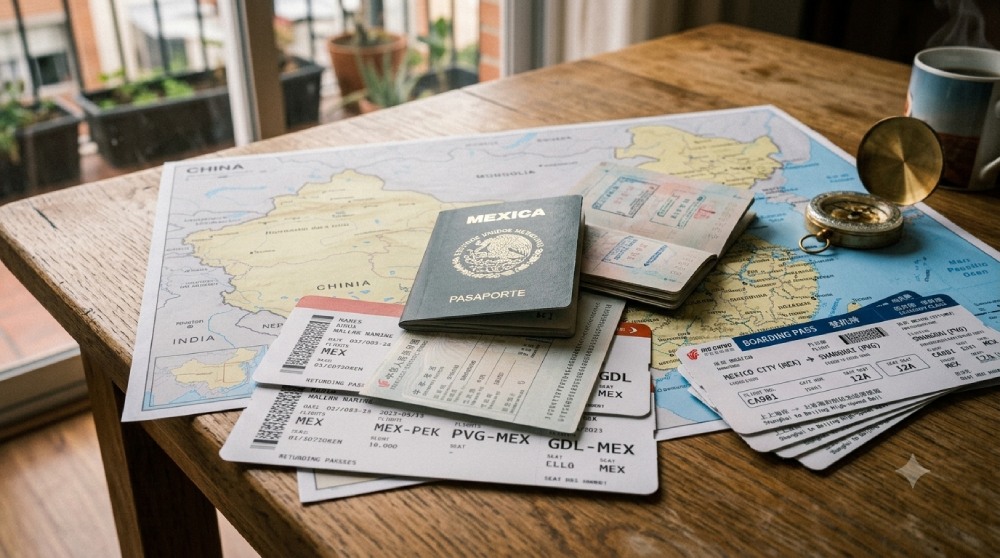 Primer plano de los preparativos para una gran aventura. Sobre un mapa de China se encuentran dos pasaportes de México, billetes de avión para rutas de ida y vuelta a Shanghái y Pekín, y una brújula. La escena invita a imaginar un itinerario exclusivo diseñado por una agencia de viajes a China a la medida para viajeros exigentes.